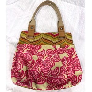 Fossil Tote Bag Women Large Pink Floral Chevron Coated Canvas Good Condition